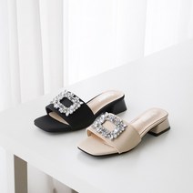 프리티슈 블링블링 스퀘어 사각 큐빅 보석 스트랩 뮬 슬리퍼 힐 3cm