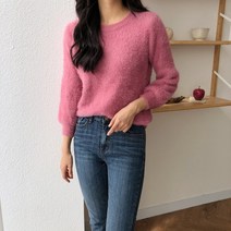 가을 겨울 키작녀 30대 여성 캐주얼 데일리 부드러운 앙고라 라운드 크롭 니트 티셔츠