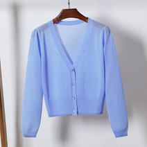 2022년 봄 밖에걸쳐입는스타일 아이스와이어 얇은타입 V넥상의 5부소매 니트셔츠 봄가을 작은카디건 긴팔슬림핏 여성복 매리연결 옷치마 외 커버여름 톈치 분소매 여름 반소매 여성