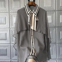 봄 여름 격자 무늬 모조 실크 셔츠 케이프 숄 블라우스