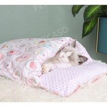 강아지 고양이 파고드는 좋아하는 이불 일체형 침구류 숨숨집 침낭 쿠션 배게 세트, L, 중국, 지핑크 아이스크림