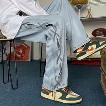 건달카리스마 눈길을 끄는 고가 트렌드 디프 흑청바지 남자 겨울 가을 와이드 루즈핏 스트레이트핏 일자 스트랩 팬츠