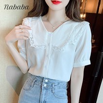 나바바 NB1368 여성 빈티지 심플 브이넥 빅카라 반팔 블라우스