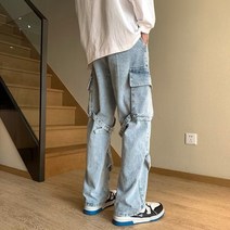 스트레이트진 아메카지스타일 VIBE 고가 트렌드 블랙 스트랩 데님 바지남자 스트레이트핏 일자 슬림 지퍼 4993829235