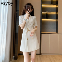 vsyoy 여자 2022 새로운 작은 향기로운 스타일 고급 화이트 드레스 칼라 드레스 여성 여름 작은 주름 치마