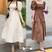 주인공 소매퍼프 캉캉 스모그 밴딩 반팔 뱃살커버 롱원피스 나들이룩