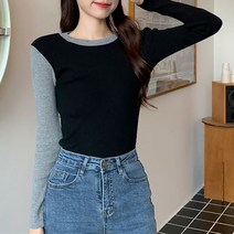 POMTOR 빅사이즈 여성 봄 풀오버 이너 배색 니트 긴팔 코디 상의