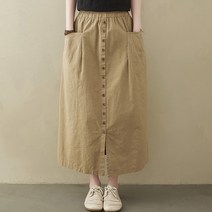 퀸앤조이 앞단추 포켓 린넨 밴딩 롱스커트