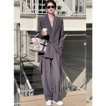 여성 루즈핏 캐주얼 세미 정장 자켓 와이드 펜츠 유니크 벨트 20대 슬랙스 투피스