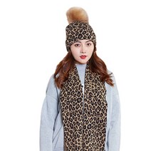 여성 스카프 모자 2pcs 세트 레오파드 프린트 니트 커프스 비니 캡이 긴 랩을 가진