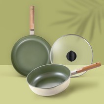 IH 건강한 세라믹팬 3종 세트 (28cm 프라이팬+28cm 궁중팬+유리뚜껑), 아보카도그린(28cm F+28cm W+유리뚜껑)