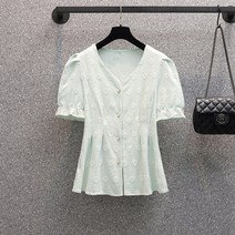 빅사이즈 여성 여름 수용 레이스 자수 블라우스 여 슬림 프렌치 빈티지 탑