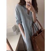 2023 여름 루즈핏 반팔 셔츠형 스트라이프 원피스