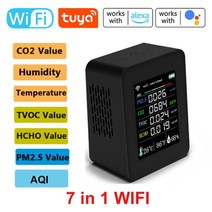 Tuya-Wifi 7 인 1 대기질 측정기 PM2.5 CO2 TVOC HCHO AQI 온도 습도 테스터 컬러 디스플레이 이산화탄소 검출기, [05] 7 in 1 Wifi Black S