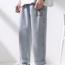 라이트진 남성 춘추 와이드 스트레이트 팬츠 9부 팬츠밴딩 데님 팬츠