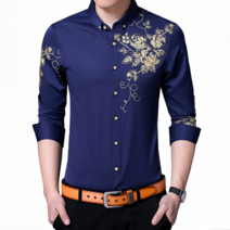 자칠 자칠 신사복 골든 프린트 캐주얼 슬림 피트 긴팔 셔츠 유행 꽃 셔츠 남성