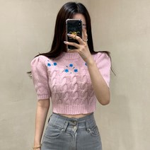 WPUY 여름 빈티지한 분위기의 라운드 네크라인 자수 플라워로 허리를 앙상하게 하고 퍼프한 소매 짧은 니트녀.