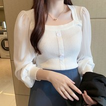 스퀘어넥 쉬폰 소매 니트 블라우스 HH-D 24 -D24_ 선물 - 2022958EA