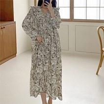 [코지23] 여자 러블리 플라워 패턴 빅카라 플리츠 쉬폰 롱원피스