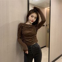 주름셔츠 숏맨투맨 여성 차오쿠 디자인감각 보이핏 볼륨 레쉬 상의 슬림핏 긴 소매 초 가을 2424542656, XL 브라운55