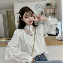 한국어 달콤한 느슨한 옷 레이스 업 프릴 블라우스 패션 스탠드 칼라 여성용 탑 레트로 레이스 셔츠 여성