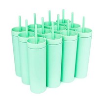 STRATA CUPS Periwinkle 뚜껑과 빨대가 있는 스키니 텀블러 (12팩) 473 2ml(16온스) 이중벽 아크릴 톨 매트 무료 빨대 클리너가 벌크 재사용 가능한 컵 미, 민트