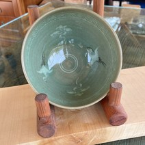 한국 특별한 도자기 은은한 청자 구름 학 꽃무늬 오목 다완 말차 가루차 찻잔 다기, 당초 무늬 운학 다완