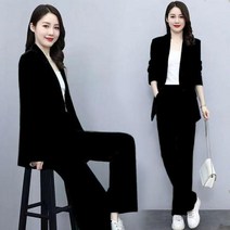 여성정장세트 오피스룩 셋트 결혼식하객패션 봄 셋업 투피스 40대 50대 캐주얼 정장 재킷 바지 여성용 세트 우아한 전문가용 가을, Black+XL(57.5-65Kg)