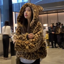 레오파드자켓 호피 후드 점퍼 크롭 모자 에코 퍼