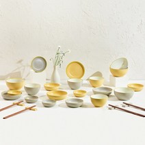 란데르스 산뜻한 그옐 그릇 식기세트, 밥공기 4P+국공기 4P+대찬기 4P+중찬기 4P+소찬기 4P+수저받침 4P+젓가락 4Set, 코지 옐로우,라이트 그레이