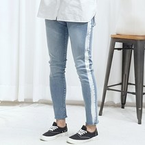 반즈하우스 남자 옆선 페인팅 포인트 9부 연청 컷팅 바지