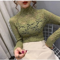 하이넥블라우스 셔츠 레이스 터틀 긴 소매 얇은 블랙