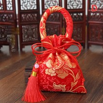 휴대용 브로케이드 웨딩 캔디 백 14x11cm 패키지 백 드로 스트링 레드 캔디 백, D
