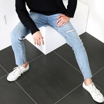 남자 찢청 스판 9부 슬림 일자 핏 연청 바지 컷팅진 남성 찢어진 청바지 크롭진 빈티지 워싱 데님 팬츠