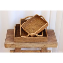 발리 라탄 손잡이 사각트레이 라탄바구니, 스몰, 1개, 브라운