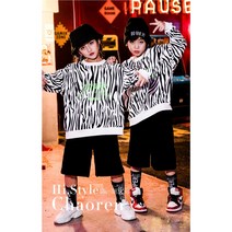 남아 여아 비보이 상하복세트 주니어 힙합 지브라 패턴 맨투맨 티 상의+반바지 2종세트 스트리트 댄스 재즈 공연복 치어리더 의상
