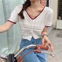 4컬러 배색 V넥 니트티 반팔 뜨개 미니 가디건 봄 가을 겨울