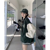 여성야구점퍼 야잠 블루종 야상 레트로 야구 유니폼 미드 문자 자수 긴 소매 코트 대비 색상 가을