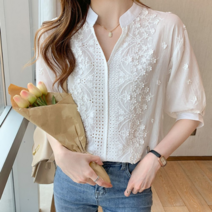 보드미 블라우스 좋은 퀄리티 브이넥 플라워 자수 펀칭 여성
