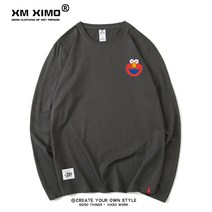 커플룩 세서미스트리트 합작 긴팔 t티셔츠남자 봄가을 얇은타입 루즈핏 순면 상의 커플옷 ins트렌디 트렌디한옷 옷시원한