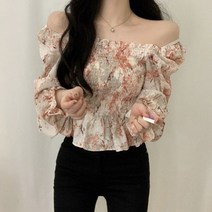 [랜덤플레이] 스퀘어넥 수채화 나염 밴딩 프릴 블라우스