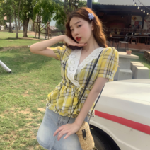 코지 여자 체크패턴 랩스타일 밴딩 리본 린넨 블라우스