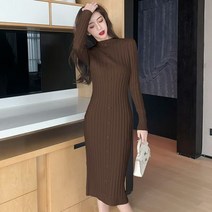 [하나비] 하우스할트 여성 가을 터틀넥 반폴라 버튼 장식 스트라이프 스판 모임룩 원피스