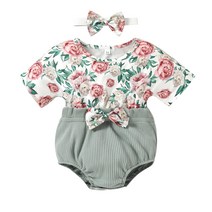 ZHTJY 아기 여자 점프 슈트 세트 꽃 프린트 짧은 소매 패치 워크 반바지 Romper with Bow Headband 여름 유아 복장
