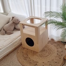 [루월드펫] 원목 고양이 숨숨집 투명 해먹 미니 캣타워, 브라운