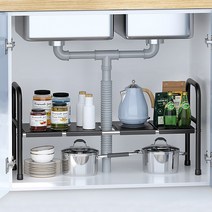 싱크대하부장 설치 철제선반 1단 2단 길이조절 높이조절 튼튼 깔끔 정리, 블랙