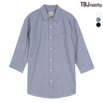 티비제이 남성 7부 코튼린넨 루즈핏 스트라이프 셔츠 T192SH201P