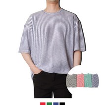 오버핏 스트라이프 반팔티 남녀 공용 스트릿 티셔츠 워싱 커플티 여름 피그먼트 워싱티