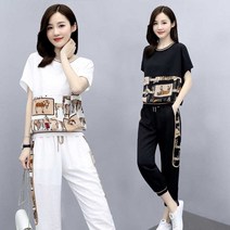 여름 여성 트레이닝복 세트 빅사이즈 여성 의류 루즈핏 캐주얼 반팔 티셔츠 긴바지 상하의 세트 투피스 M~4XL 20대 30대 40대