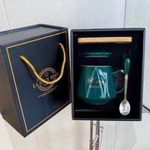 Z3JC 패밀리룩 심플 머그컵, 먹빛도자기스푼(뚜껑+스푼+나무매트+선물세트